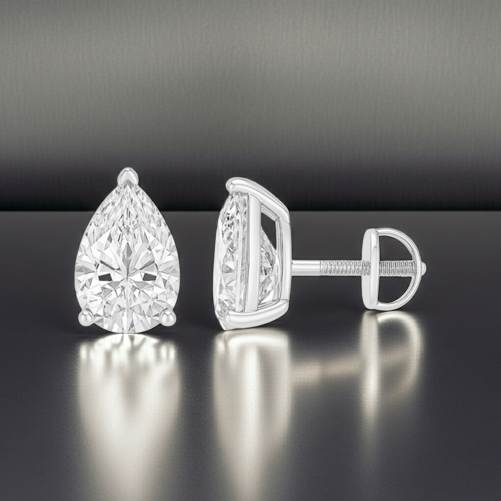 Pear Cut Prong Setting Solitaire Diamond 14K Solid Gold Earrings Stud - IGI Certified